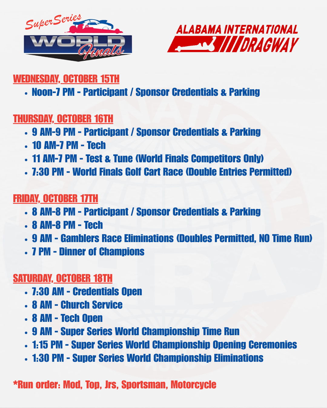 Schedule of 2025 IHRA World Finals